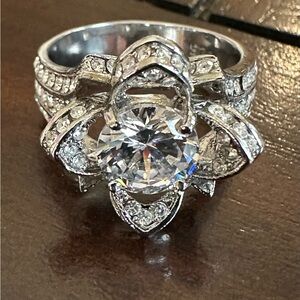 Lotus Flower Ring. Set in Sterling Silver. Large Round CZ. Size 8.